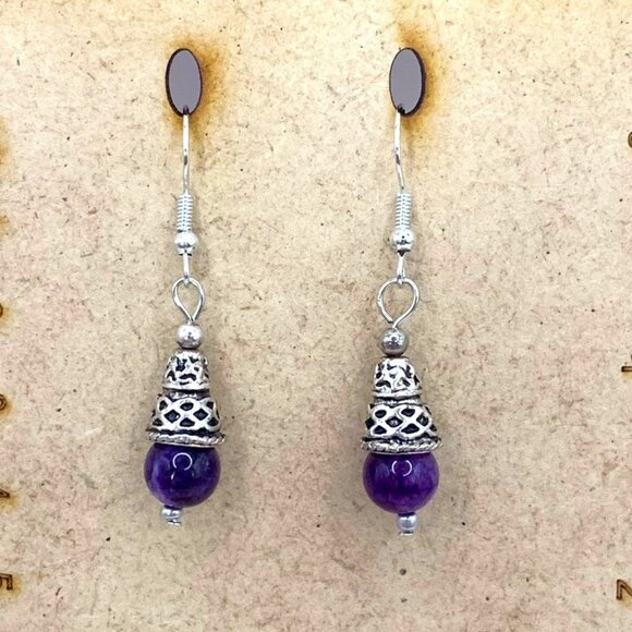 AMETHYST Silver Bali Style Handmade Bead Pierced Earrings LA123 - Picture 1 of 3